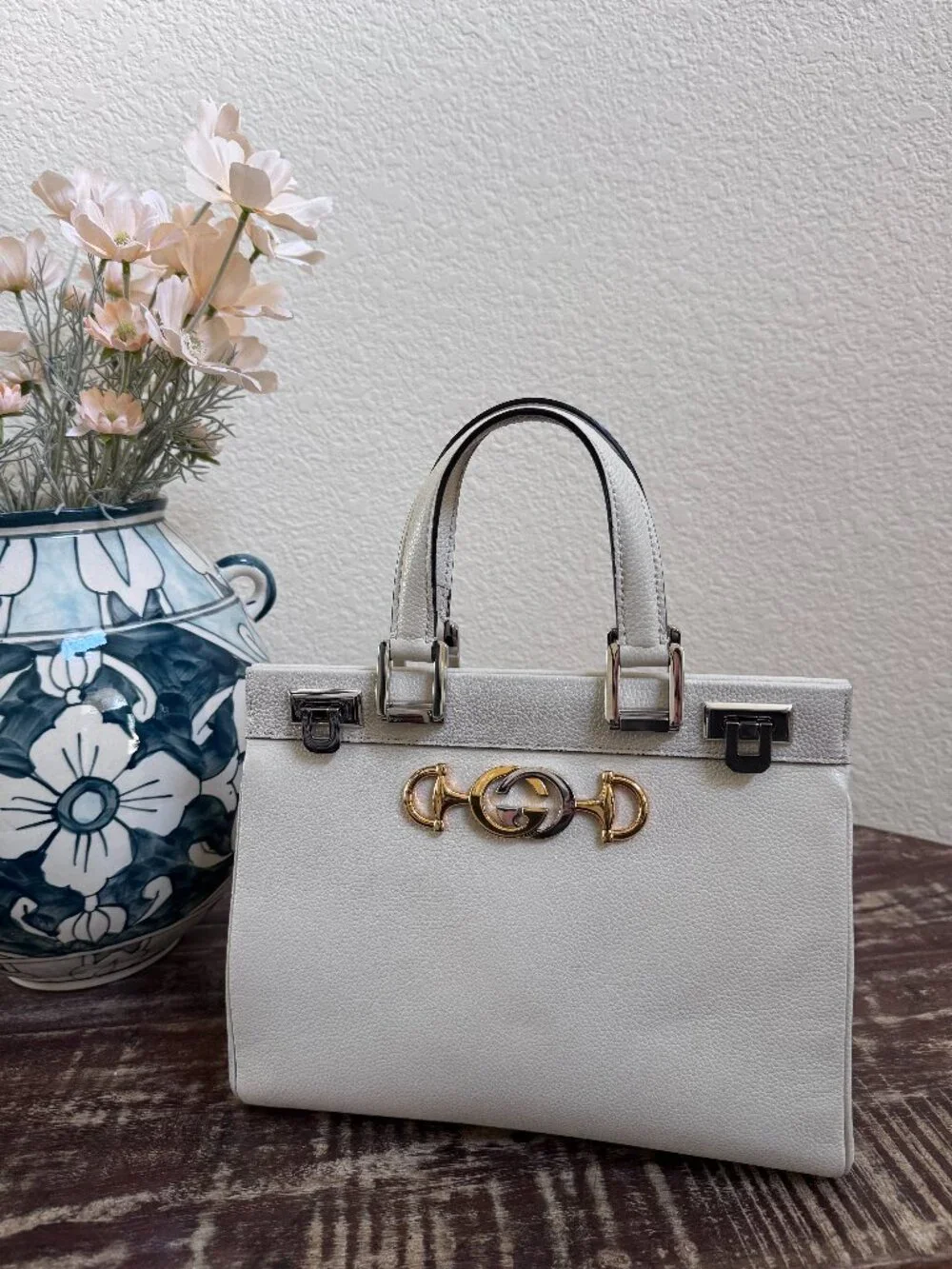 Gucci Zumi White Leather Top Handle Bag Crossbody